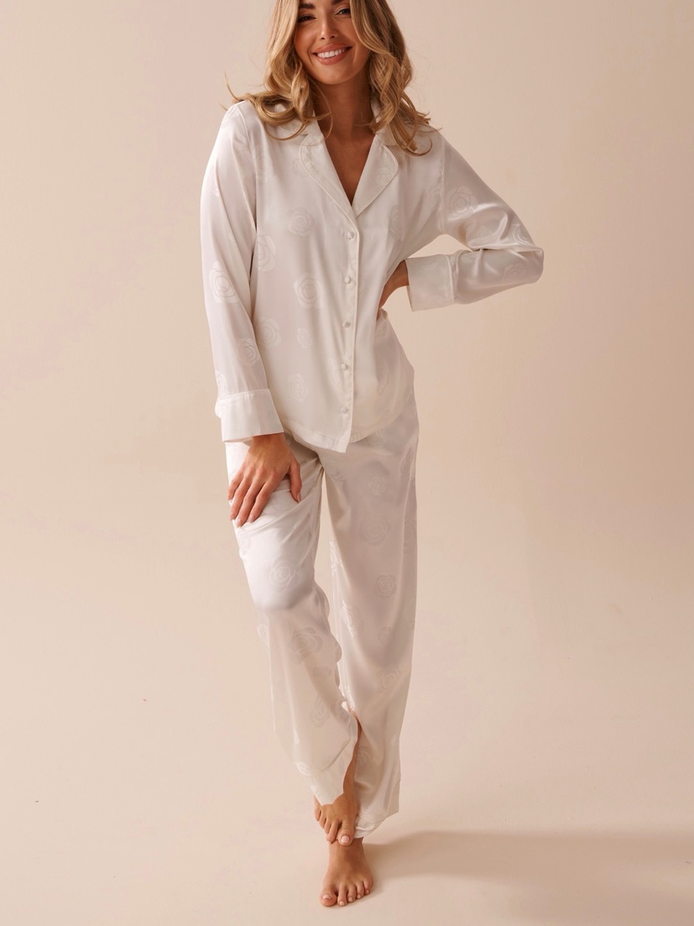 La Vie En Rose White Satin Button-Front Pajama Set
